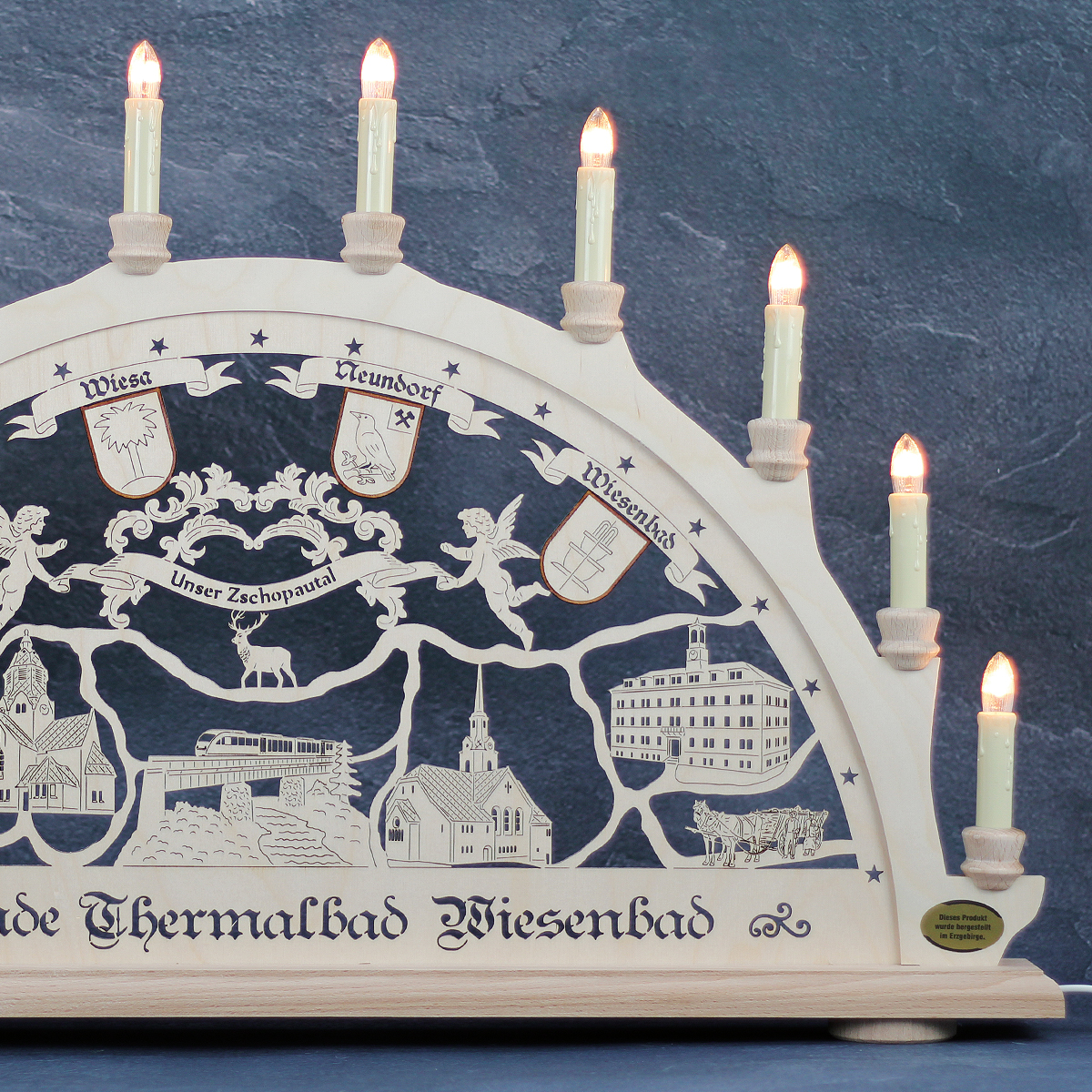 Erzgebirgs - Schwibbogen 'Wiesenbad' 10 flammig (LED Optional) 66x6x44cm