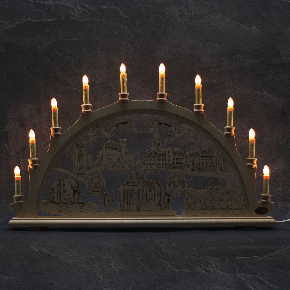 Erzgebirgs-Schwibbogen 'Chemnitz' '10 flammig'  (LED Optional) 66x6x44cm