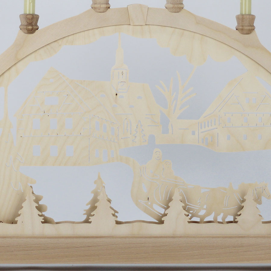 Erzgebirgs-Schwibbogen 'Pferdeschlitten an der Kirche' 16 flammig (LED Optional) 66x6x44cm