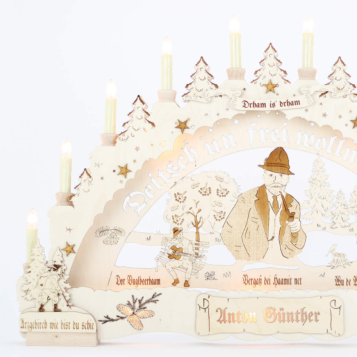 Erzgebirgs - Schwibbogen 3D  'Anton Günther' Premium graviert 15 flammig (LED Optional) 66x6x44cm 