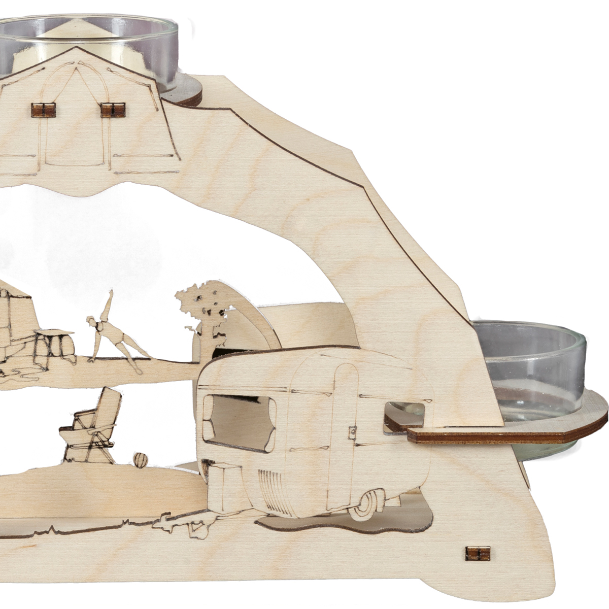 Teelichthalter '(N)Ostalgie Camping' für 3 Teelichter 23x13x6,5cm, Holz