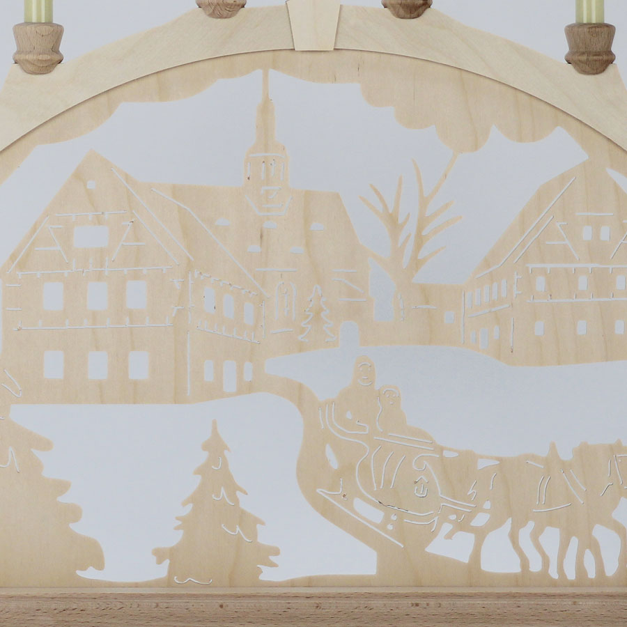 Erzgebirgs-Schwibbogen 'Pferdeschlitten an der Kirche' 10 flammig (LED Optional) 66x6x44cm