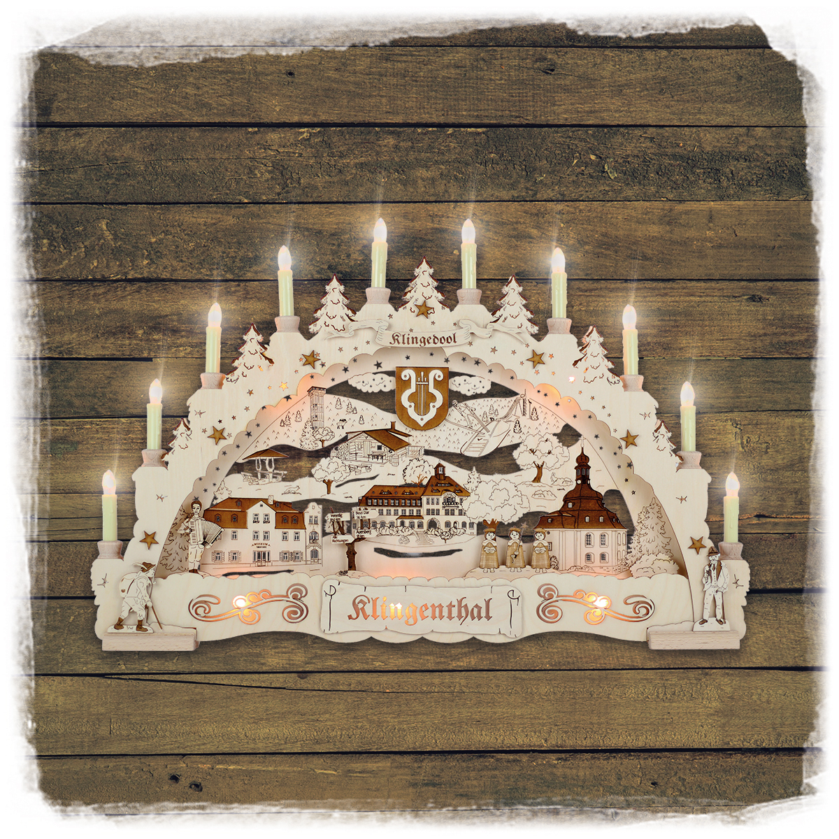 Erzgebirgs – Schwibbogen 3D 'Klingenthal Premium graviert' indirekt 15 flammig (LED Optional) 66x6x44cm