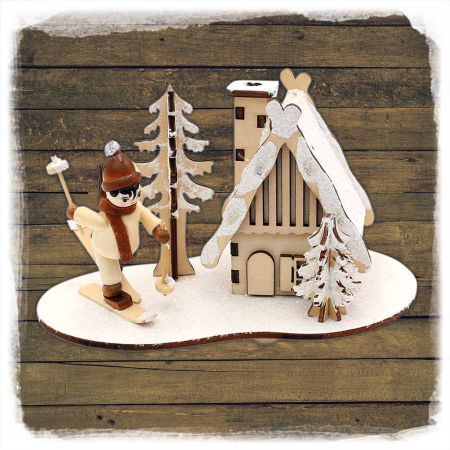 Räucherhaus  mit Wintersportlern 15x10x9cm Holz