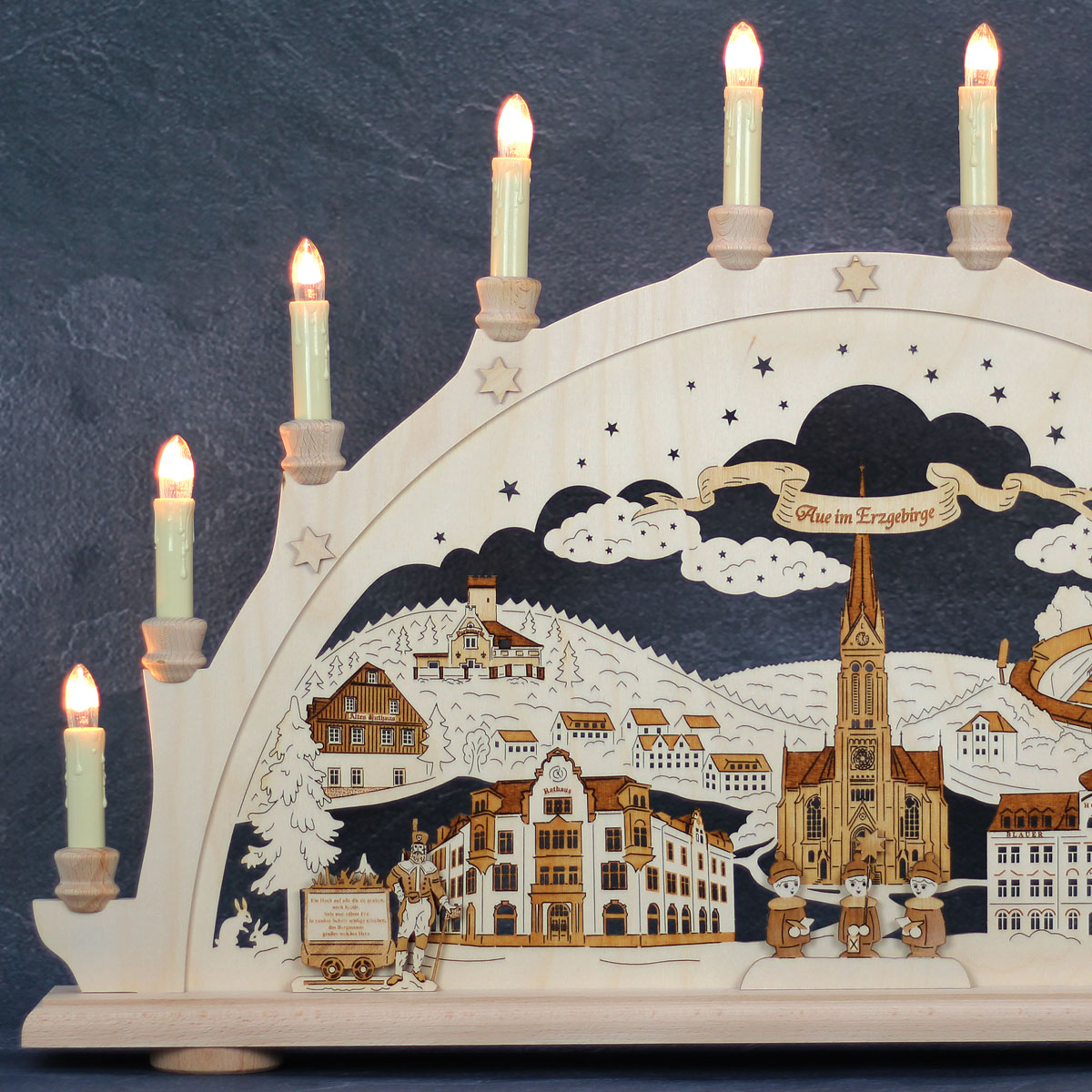 Erzgebirgs-Schwibbogen 'Aue' graviert '10 flammig' (LED Optional) 66x6x44cm