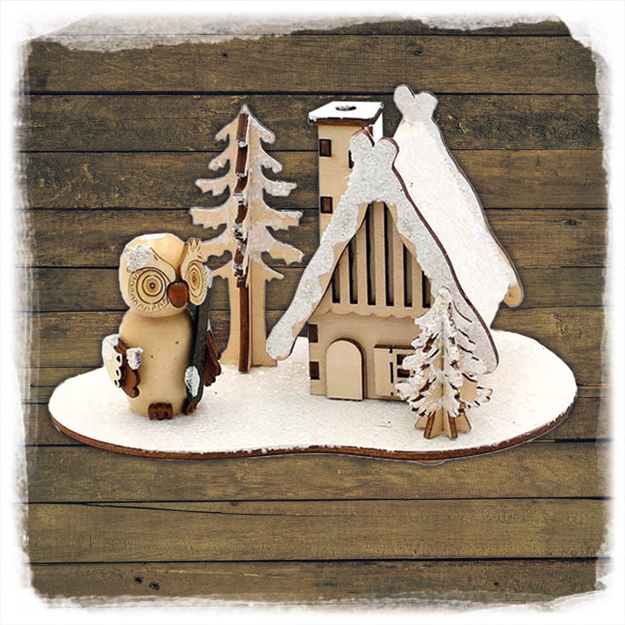 Räucherhaus  mit Eulen 15x10x9cm Holz