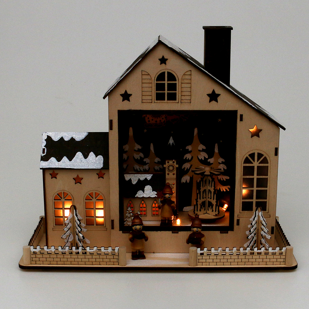 Holzszene Haus 'Winterdorf' mit Kurrendefiguren