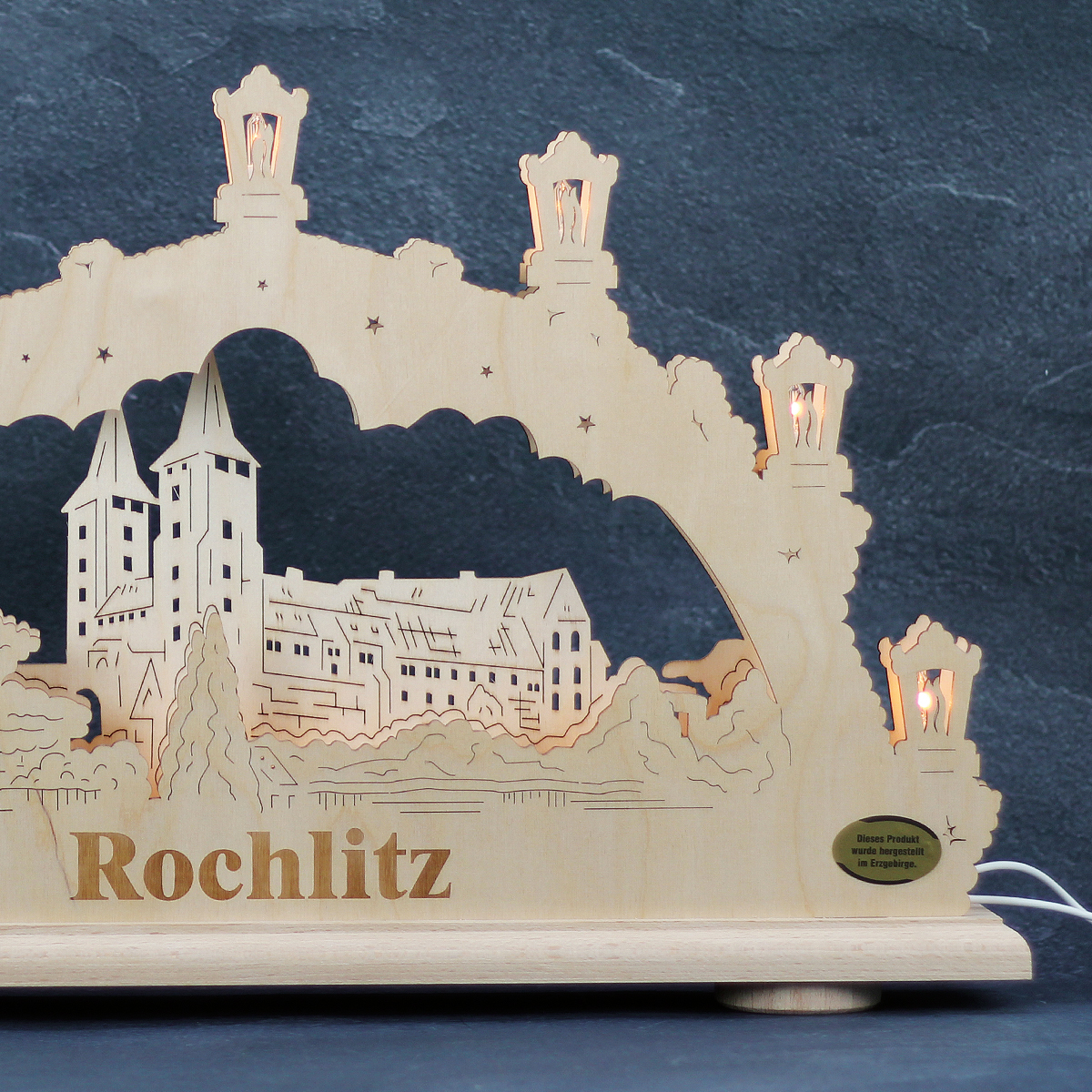 Erzgebirgs - Schwibbogen 2D 'Rochlitz' indirekt 10 fammig (LED Optional) 49x6x30cm