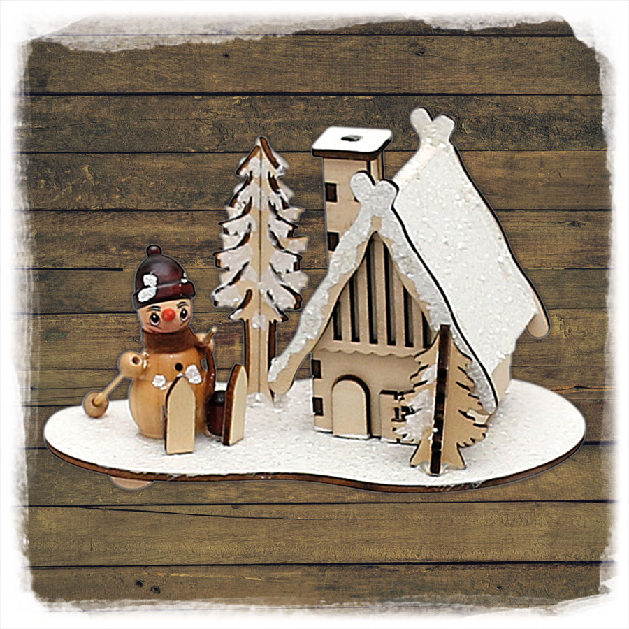 Räucherhaus mit Schneemann 15x10x9cm Holz