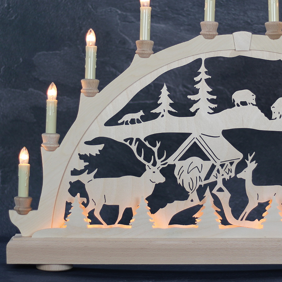 Erzgebirgs-Schwibbogen 'Futtergrippe' 16 flammig (LED Optional) 66x6x44cm