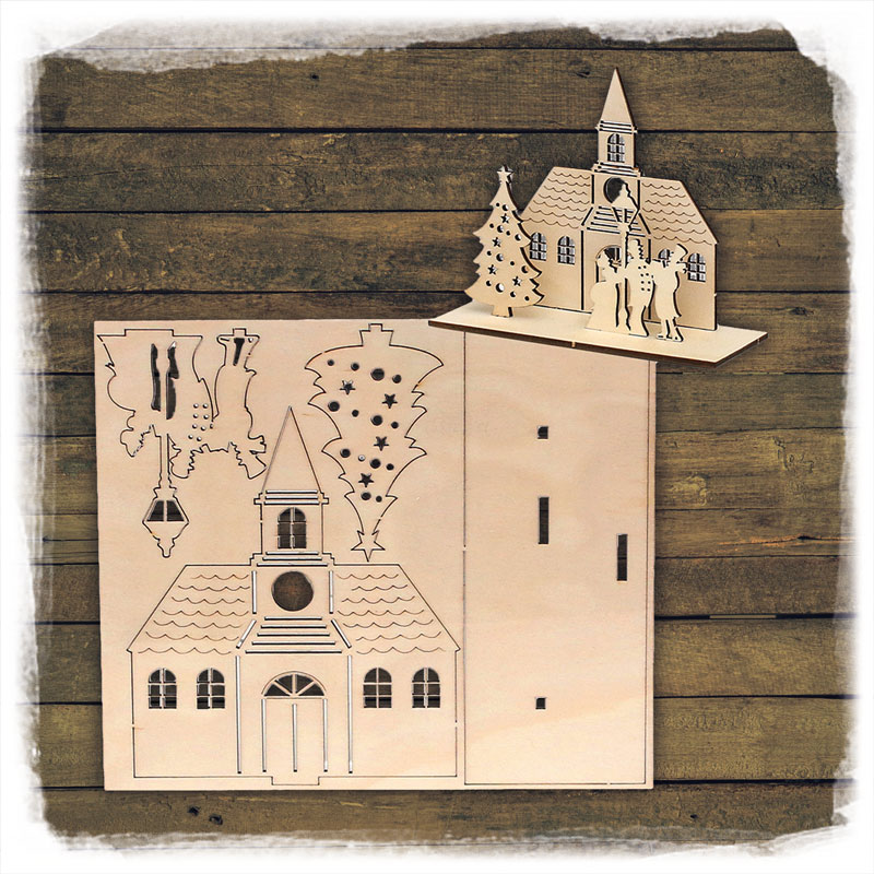 Holz Bausatz Kirchenszene 14,5x5,5x12cm