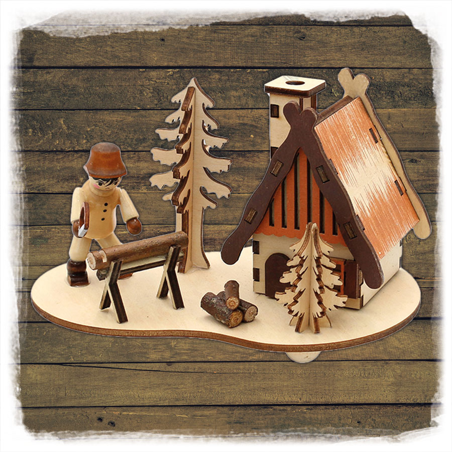 'Räucherhaus mit Waldarbeiter' 15x10x9cm Holz