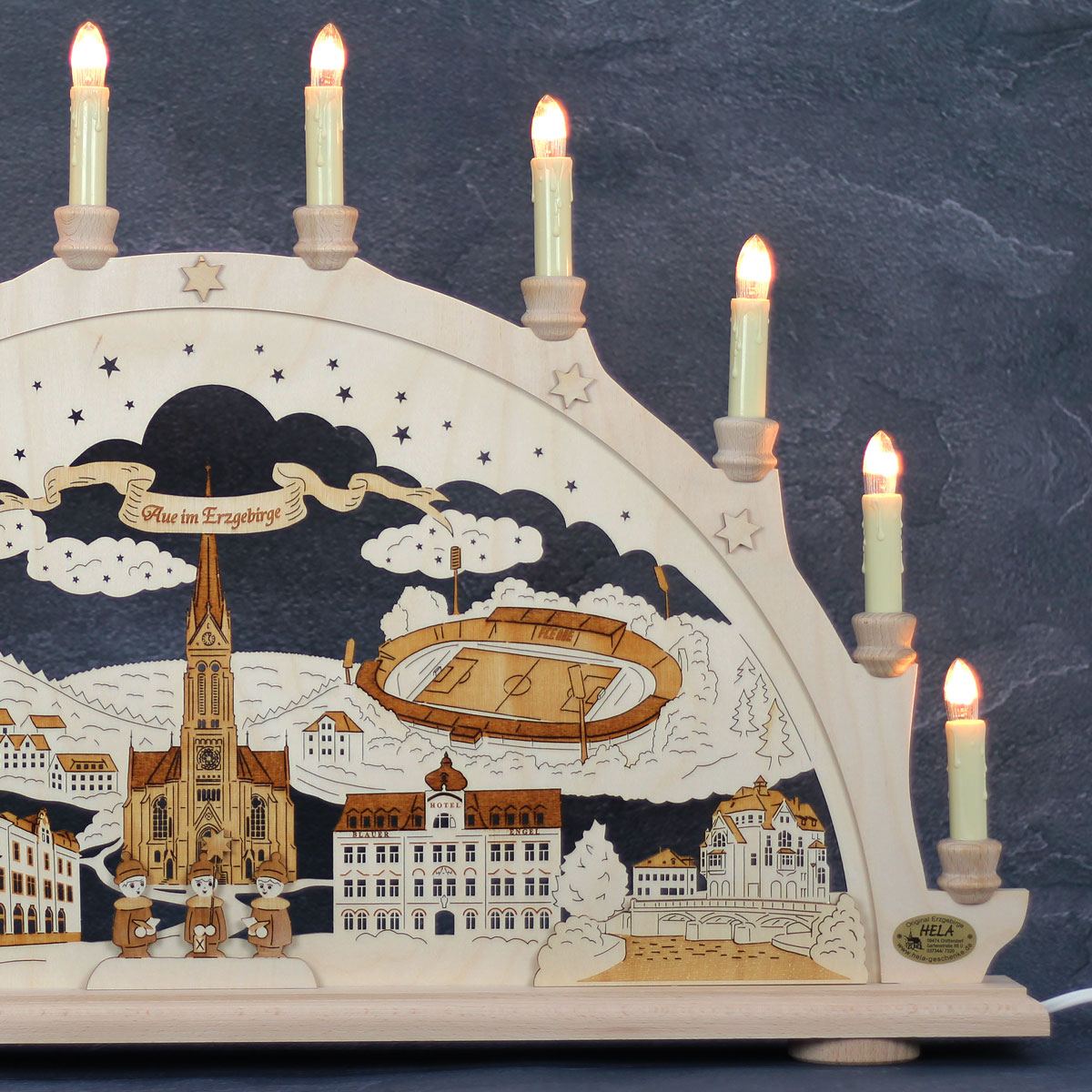 Erzgebirgs-Schwibbogen 'Aue' graviert '10 flammig' (LED Optional) 66x6x44cm