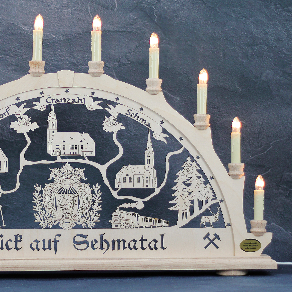 Erzgebirgs - Schwibbogen 'Sehmatal' 10 flammig (LED Optional) 66x6x44cm