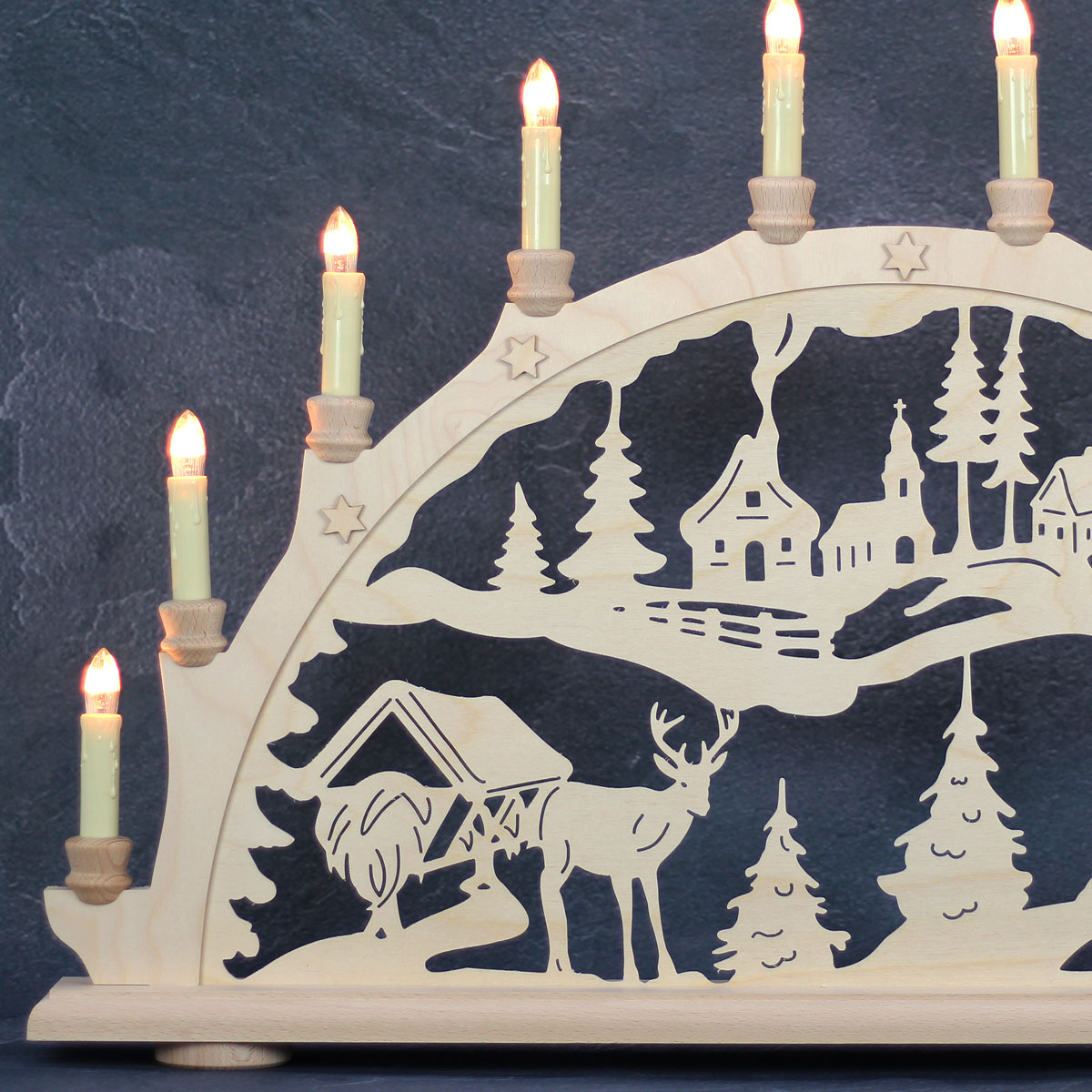 Erzgebirgs-Schwibbogen 'Jäger im Wald' 10 flammig (LED Optional) 66x6x44cm