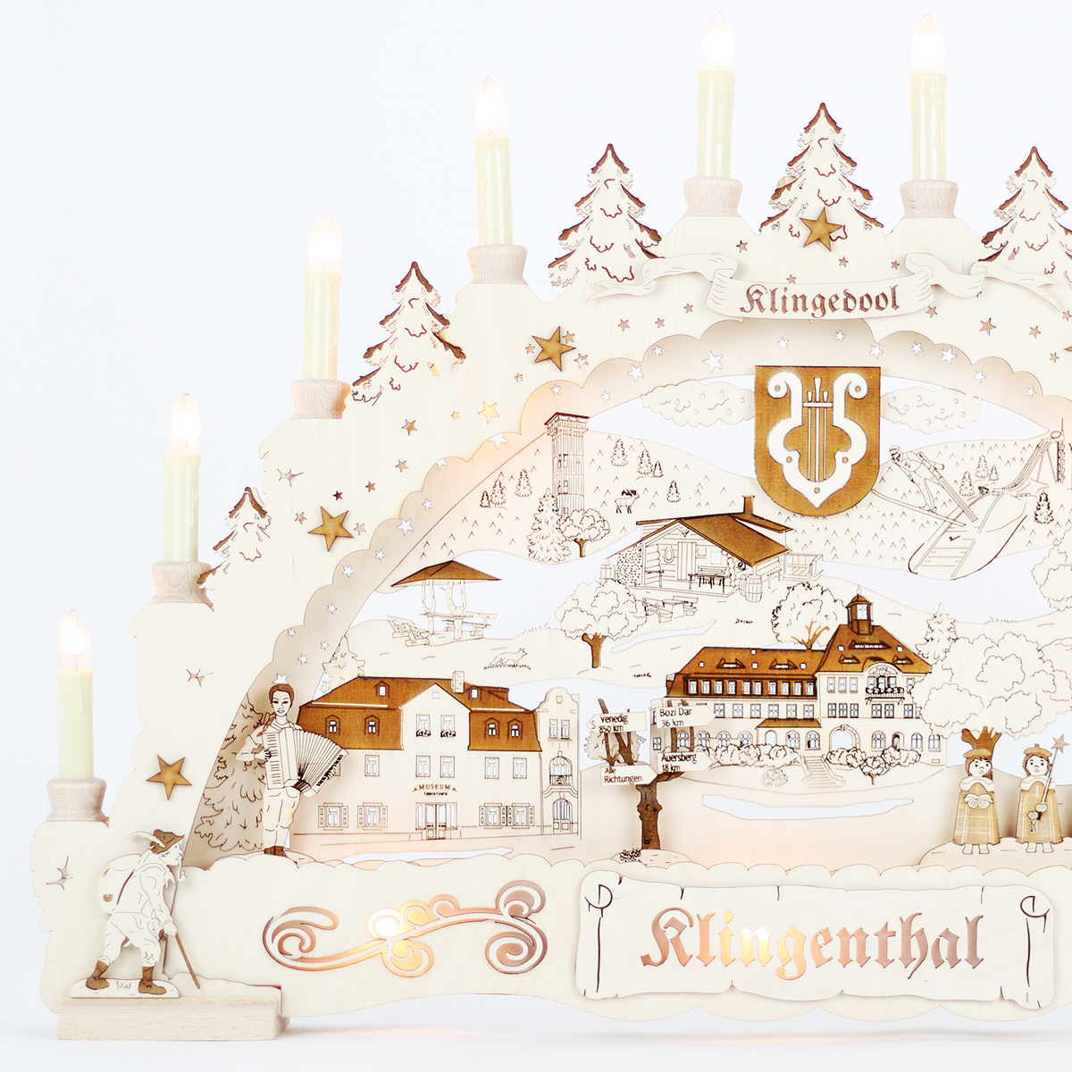 Erzgebirgs – Schwibbogen 3D 'Klingenthal Premium graviert' indirekt 15 flammig (LED Optional) 66x6x44cm